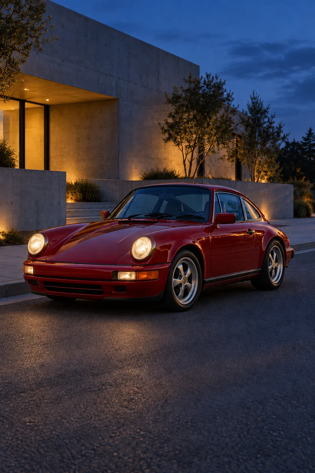 The same red coupe at blue hour with warm lights and reflections