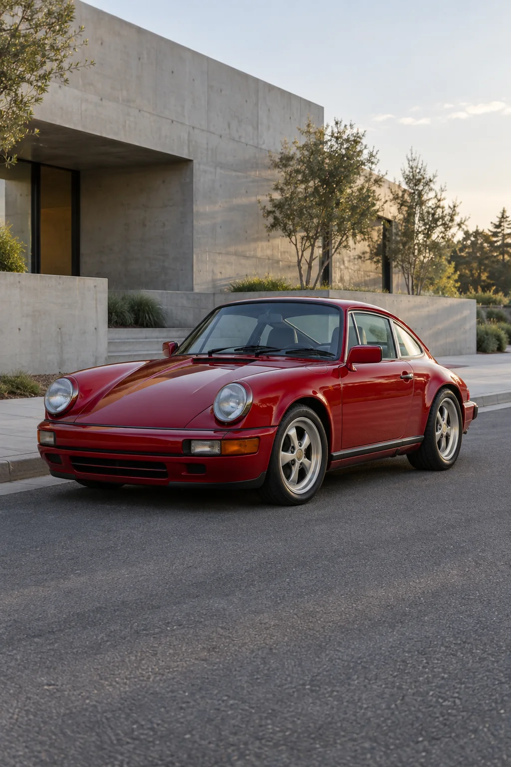 Red classic coupe outside a concrete building in daylight