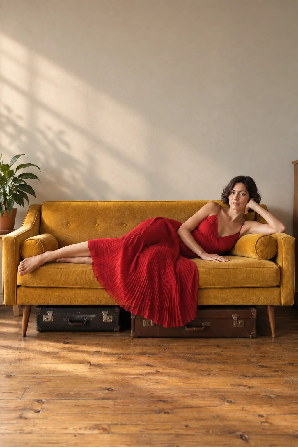 The same portrait with warm window light and editorial color grading