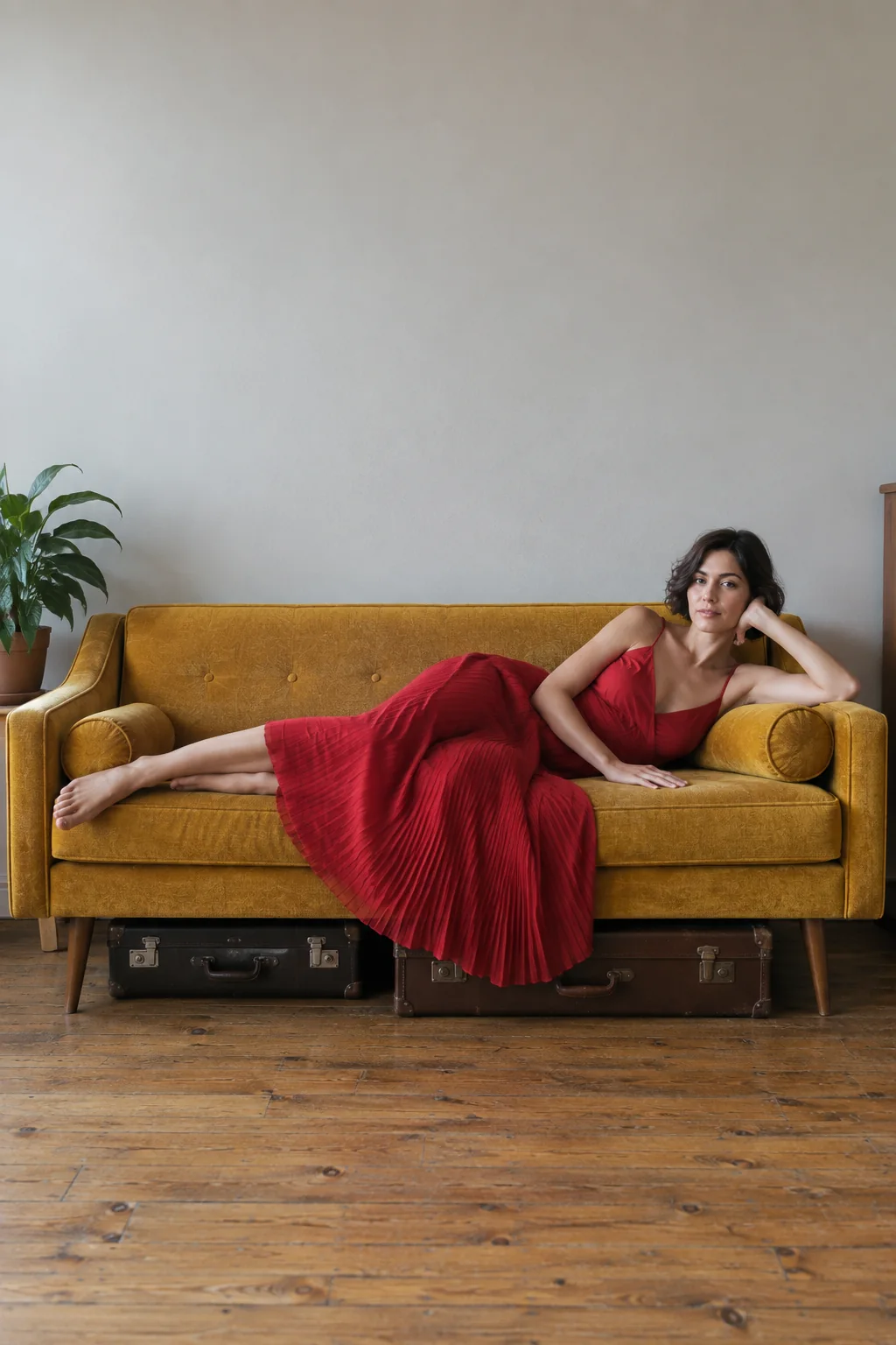 Woman in a red dress reclining on a mustard sofa in neutral daylight