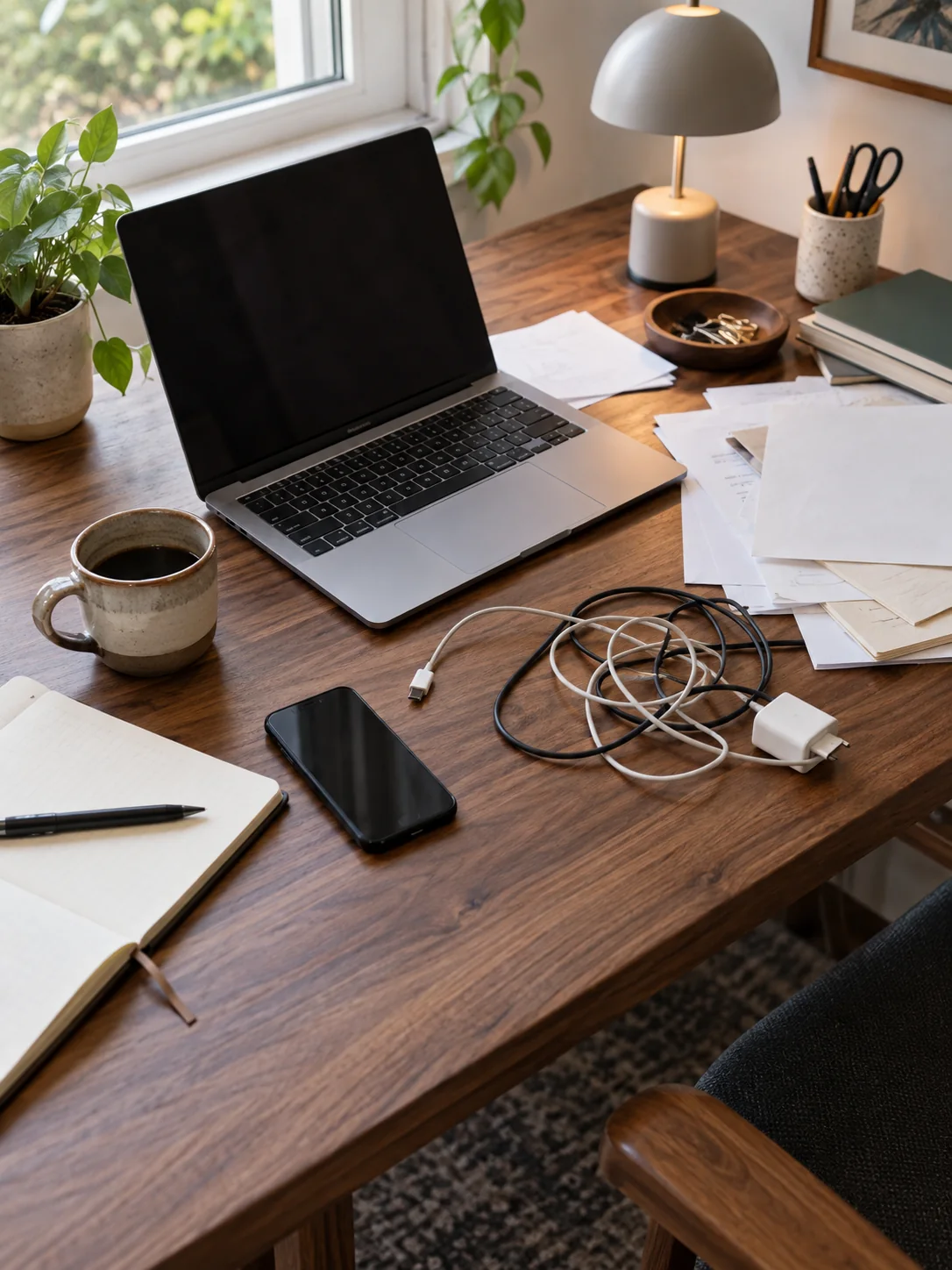 Desk with a laptop, lamp, coffee mug, papers, and cables