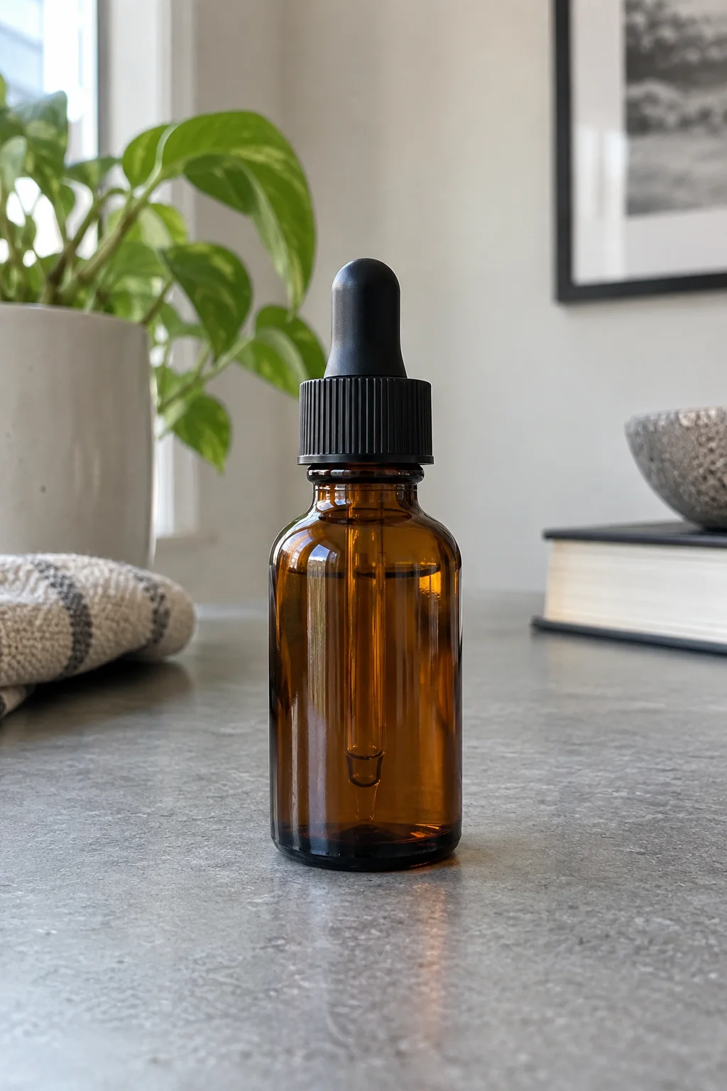 Amber dropper bottle standing on a gray tabletop