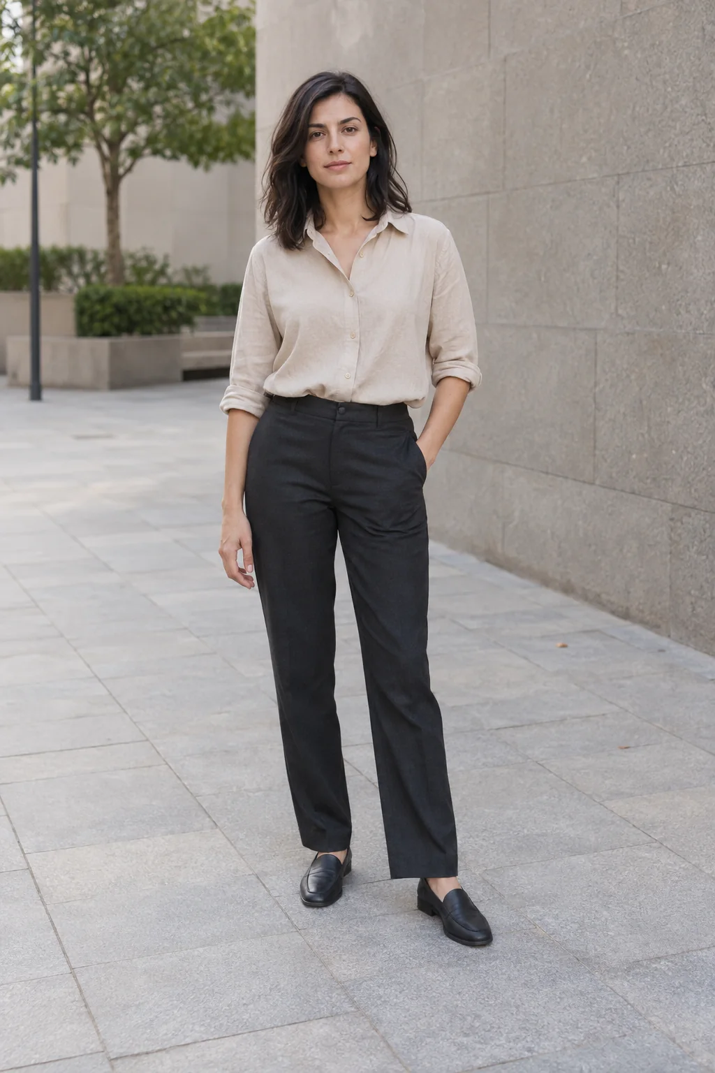 Woman standing in a beige shirt and dark trousers on a plaza