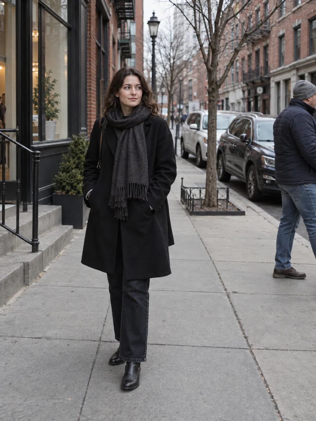 Woman on a street with a bystander and parked cars