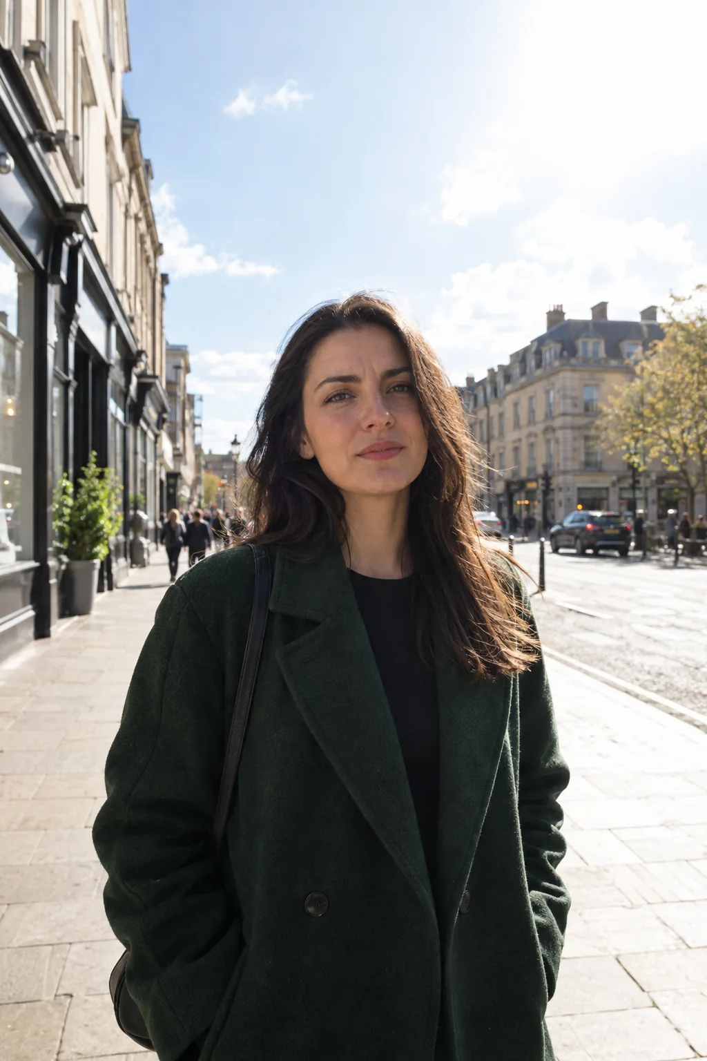 Woman in a green coat on a sunny city street