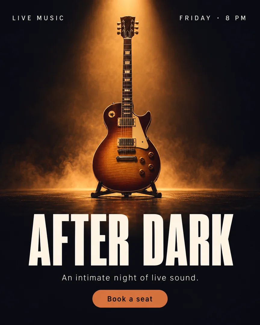 Cinematic live music poster with an amber-lit electric guitar and the title After Dark.