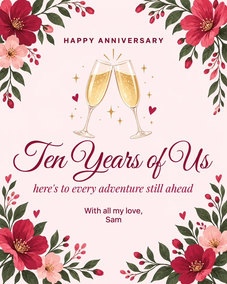 Flat illustration Anniversary Card poster showing Hand-painted floral corners framing the page with the headline Ten Years of Us.
