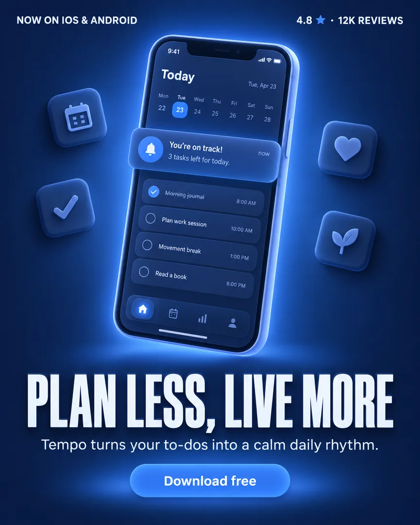 Neumorphism App Launch poster showing Smartphone showing a clean planner app with a notification, glowing blue light with the headline Plan less, live more.