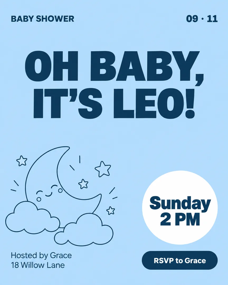 Minimal line art Baby Shower Invite poster showing Soft nursery scene of a smiling moon, clouds, and stars in pastel blue with the headline OH BABY, IT'S LEO!.