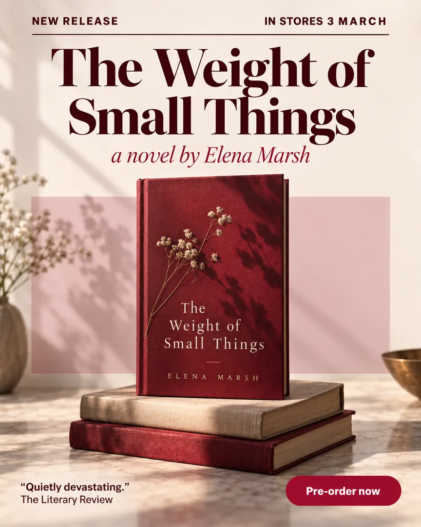 Cinematic Book Launch poster showing Hardcover novel with a deep red jacket standing on a stack of books with the headline The Weight of Small Things.