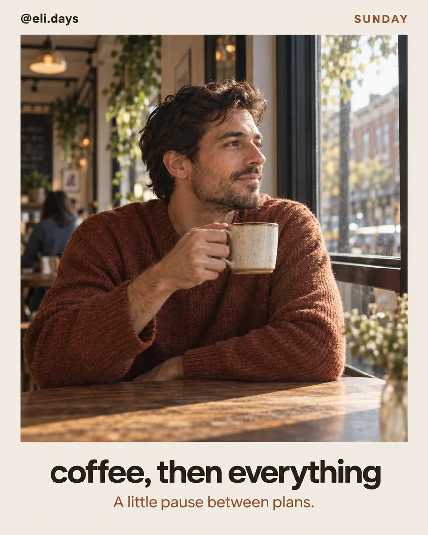 Lifestyle Instagram post of a man with coffee by a cafe window and the headline coffee, then everything.