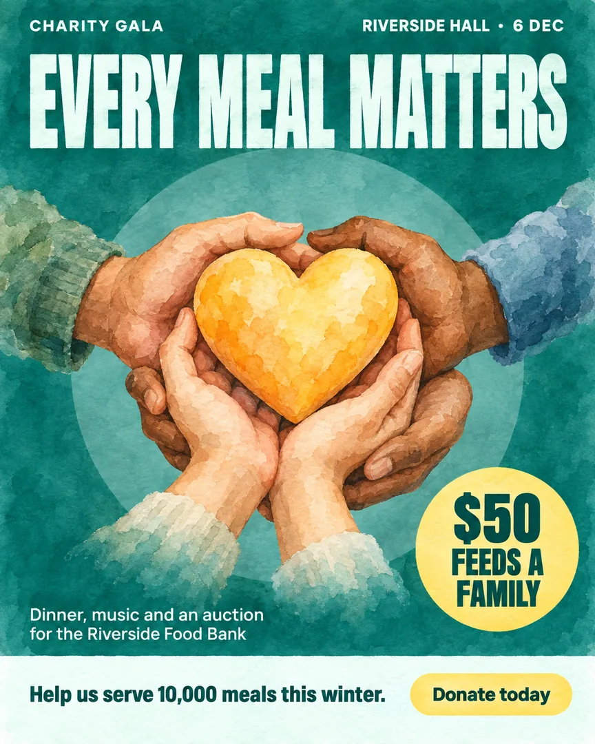 Watercolor Charity Fundraiser poster showing Hands gently holding a heart, warm community volunteering scene with the headline EVERY MEAL MATTERS.