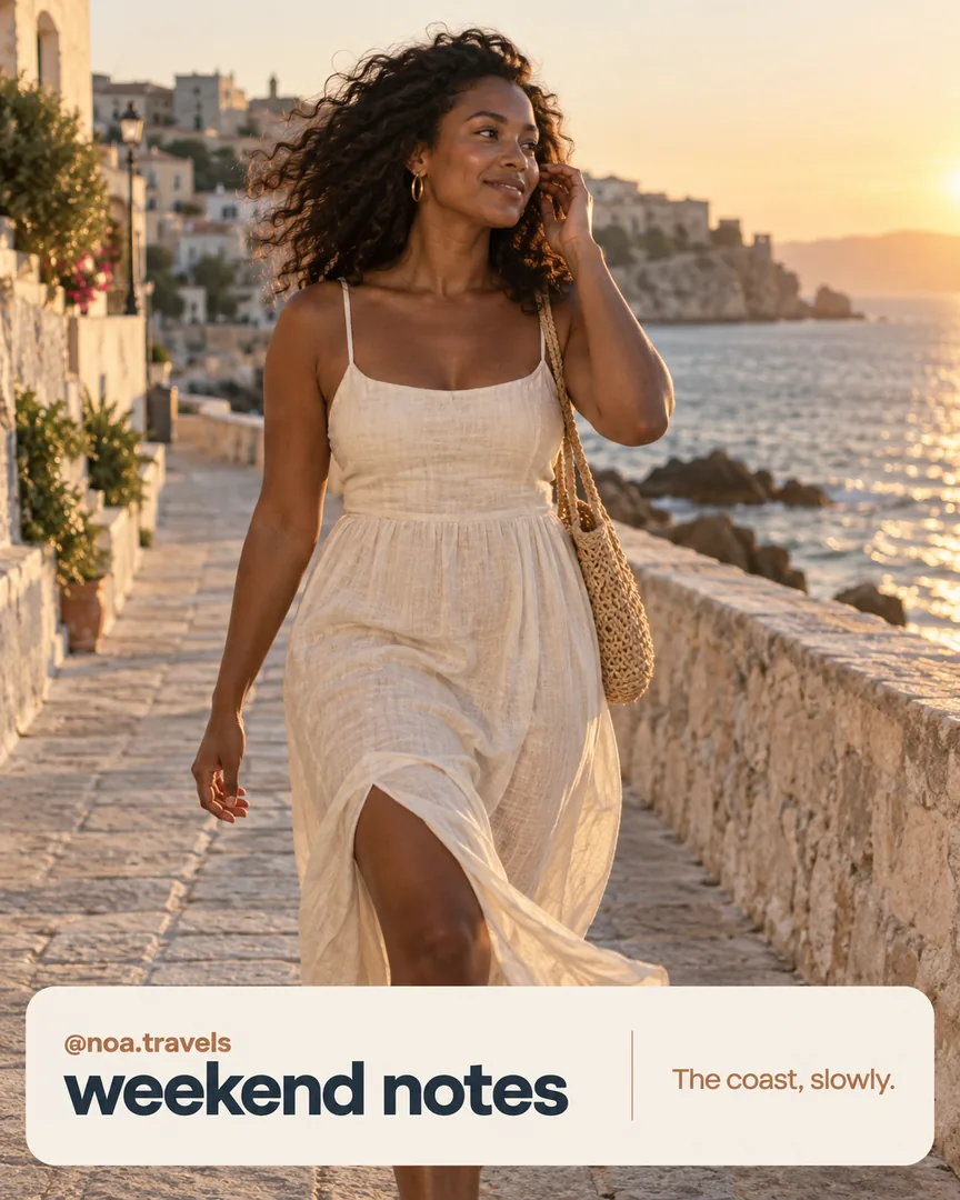 Coastal travel Instagram post showing a woman on a seaside promenade and the headline weekend notes.