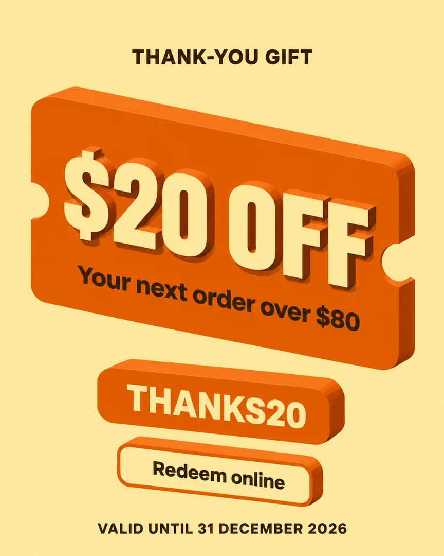 Isometric Coupon Voucher poster with the headline Your next order over $80.