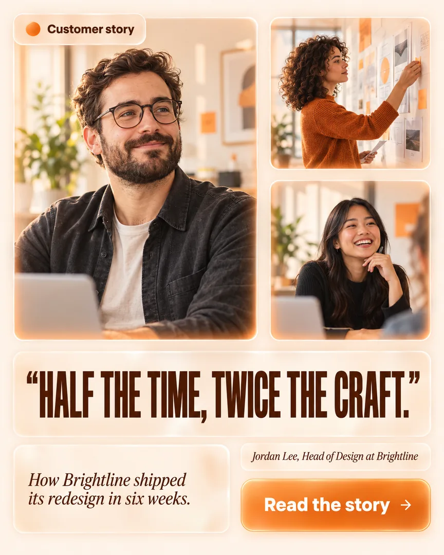 Glassmorphism Customer Testimonial poster showing Warm portrait of a bearded design lead in a bright office with the headline “HALF THE TIME, TWICE THE CRAFT.”.