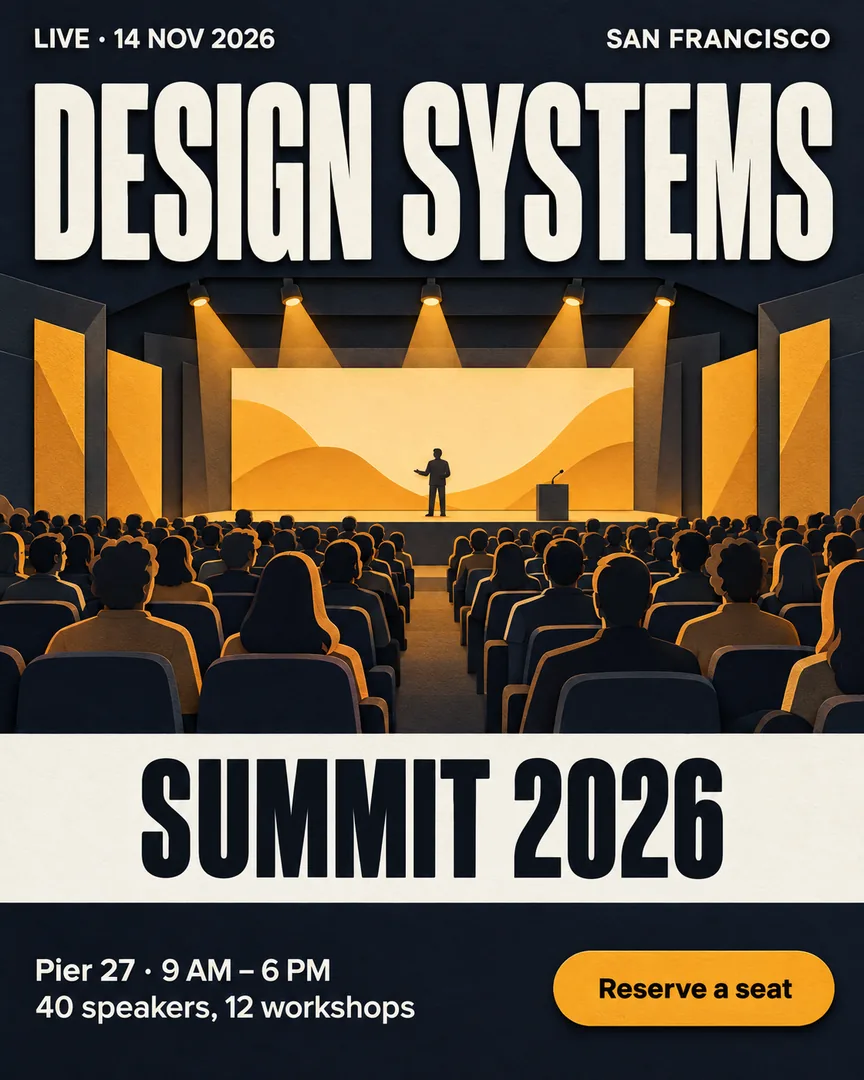 Paper cut Event Announcement poster showing Audience facing a lit conference stage, warm amber spotlights, wide shot from the back of the room with the headline DESIGN SYSTEMS.
