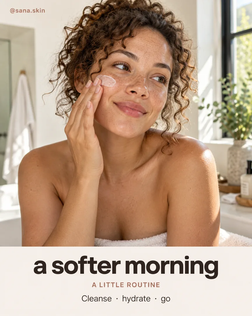 Natural skincare Instagram post showing a woman applying moisturizer and the headline a softer morning.