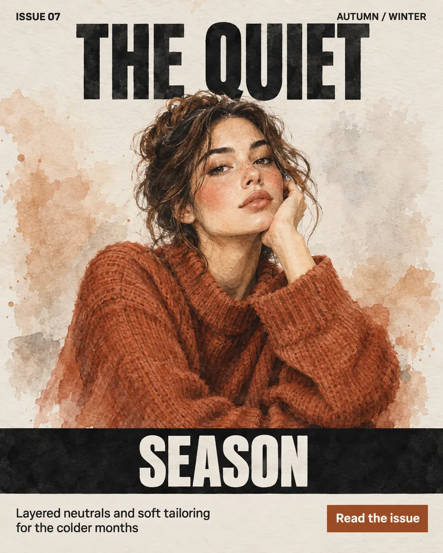 Watercolor Fashion Editorial poster showing Editorial half-body portrait of a woman in a rust knit, soft studio light, neutral backdrop with the headline THE QUIET.