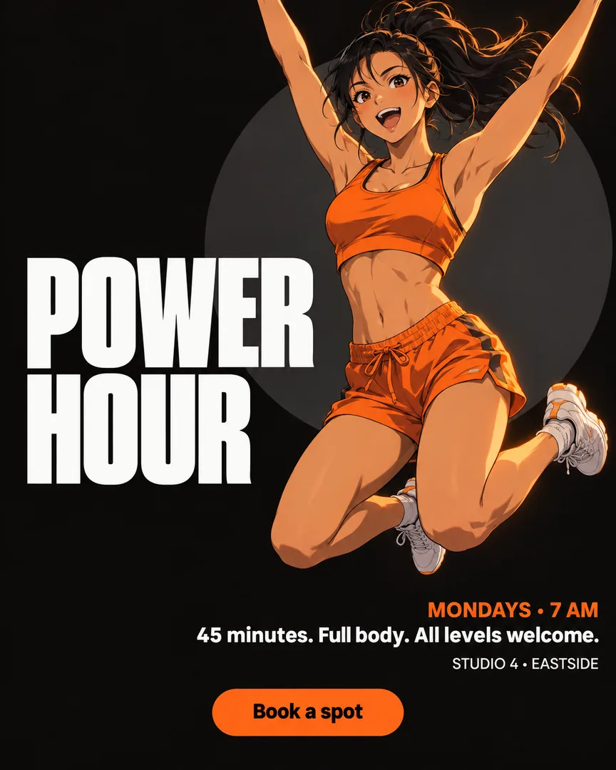 Anime Fitness Class poster showing Athlete mid-jump with arms raised in orange activewear, dark studio, dramatic rim light with the headline POWER HOUR.
