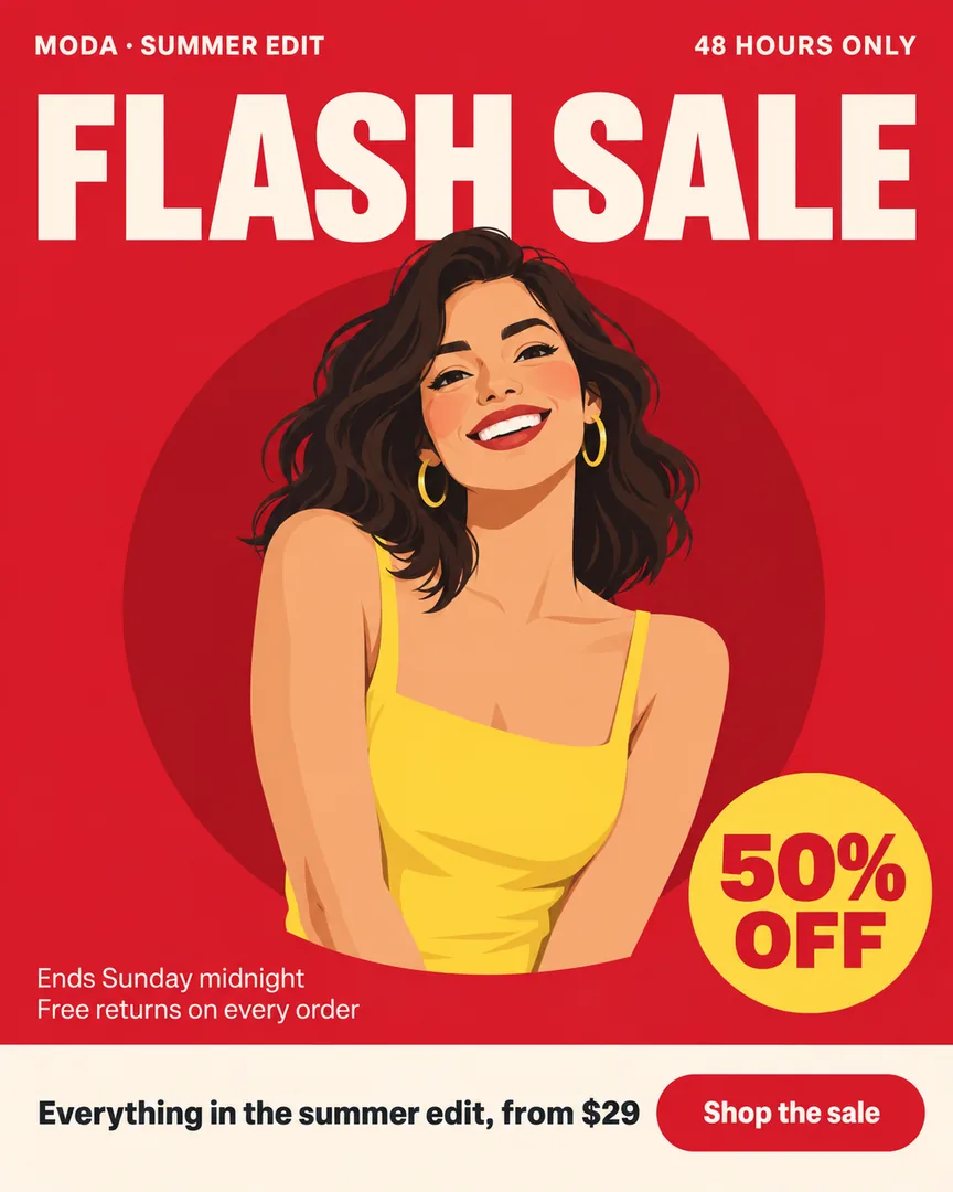 Flat illustration sale poster with a smiling model, the FLASH SALE headline, and a 50% OFF badge.