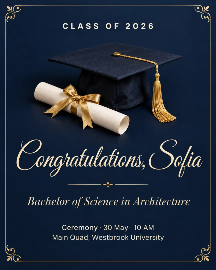 Photorealistic Graduation Announcement poster showing Thin ornamental gold border with corner flourishes with the headline Congratulations, Sofia.