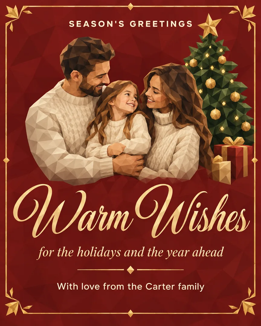 Low poly Holiday Greeting Card poster showing Thin ornamental gold border with corner flourishes with the headline Warm Wishes.