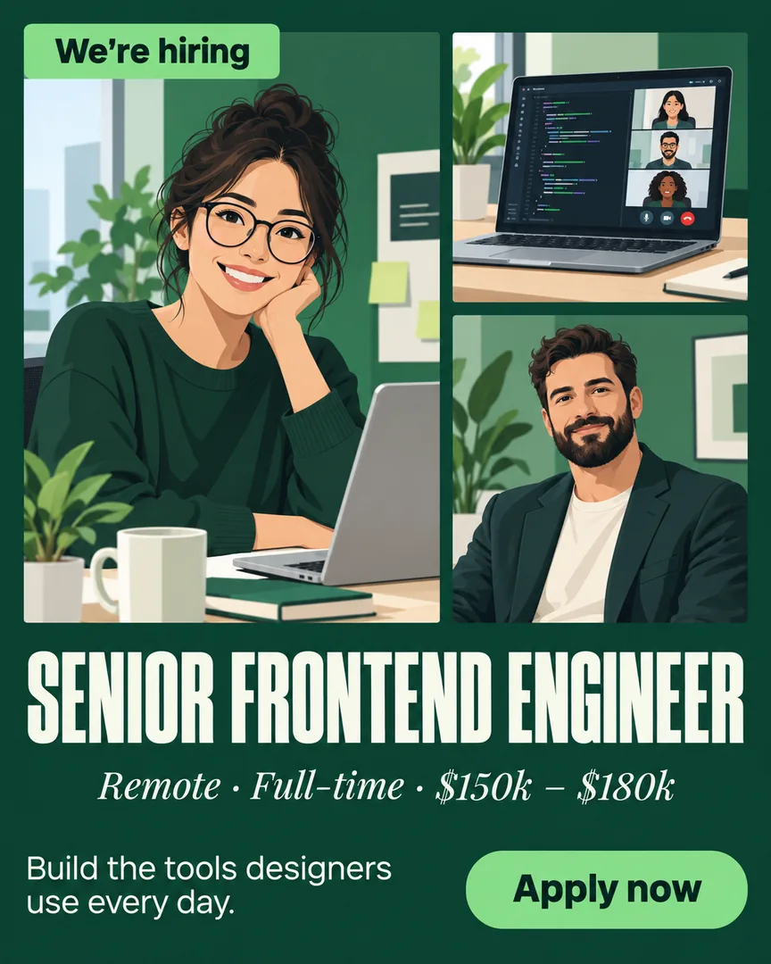 Vector Job Opening poster showing Engineer with glasses smiling at her desk, natural office light with the headline SENIOR FRONTEND ENGINEER.