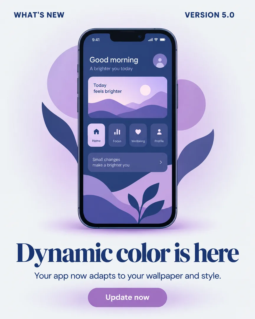 Flat illustration M3 App Announcement poster showing Smartphone showing an app themed from the wallpaper's colors with the headline Dynamic color is here.