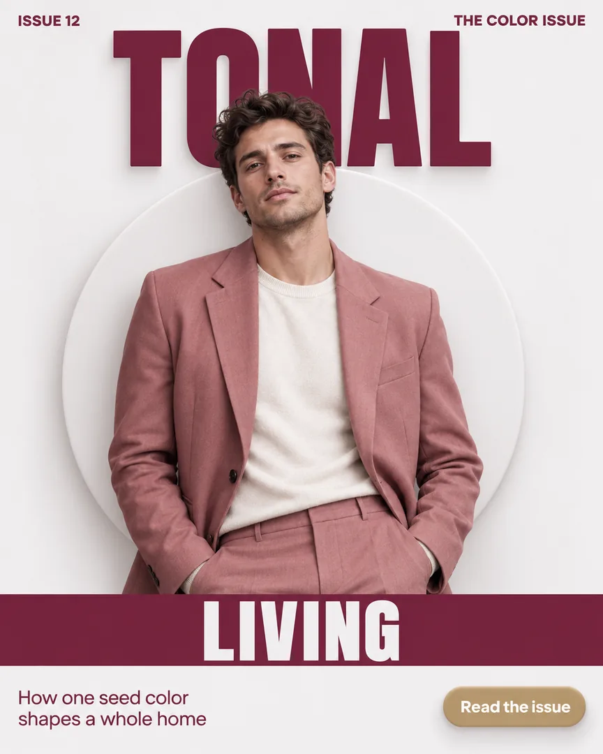 Neumorphism M3 Editorial Cover poster showing Editorial half-body portrait of a male model in a rose-toned blazer against a tonal backdrop with the headline TONAL.
