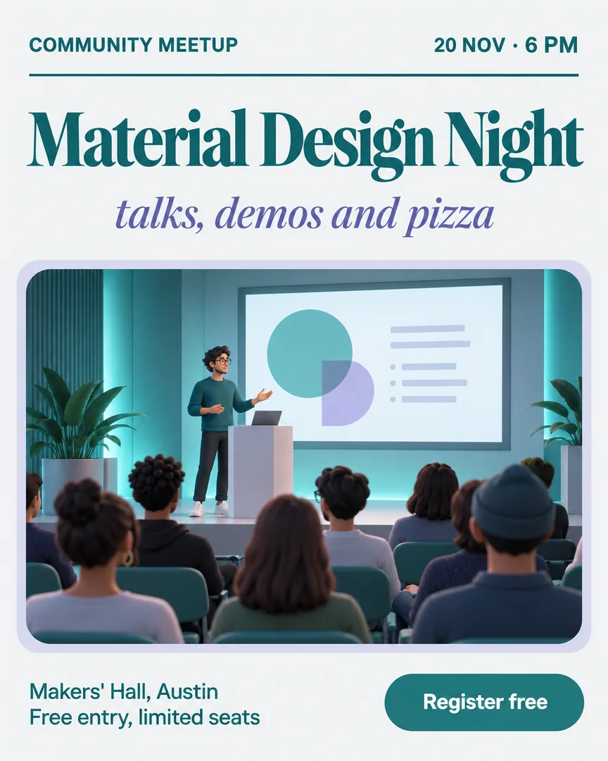 3D render M3 Event Poster poster showing Small meetup audience facing a speaker and slides, teal lighting with the headline Material Design Night.