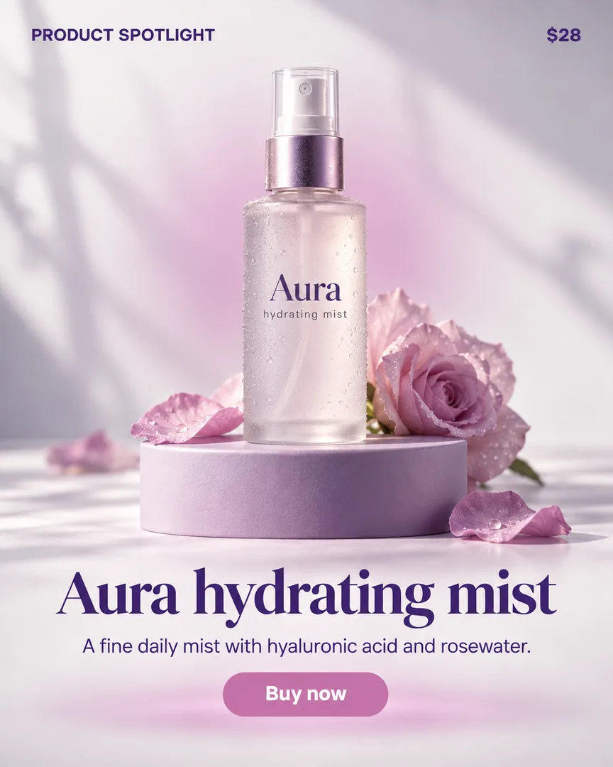 Cinematic M3 Product Spotlight poster showing Frosted spray bottle on a soft lilac pedestal, studio light with the headline Aura hydrating mist.