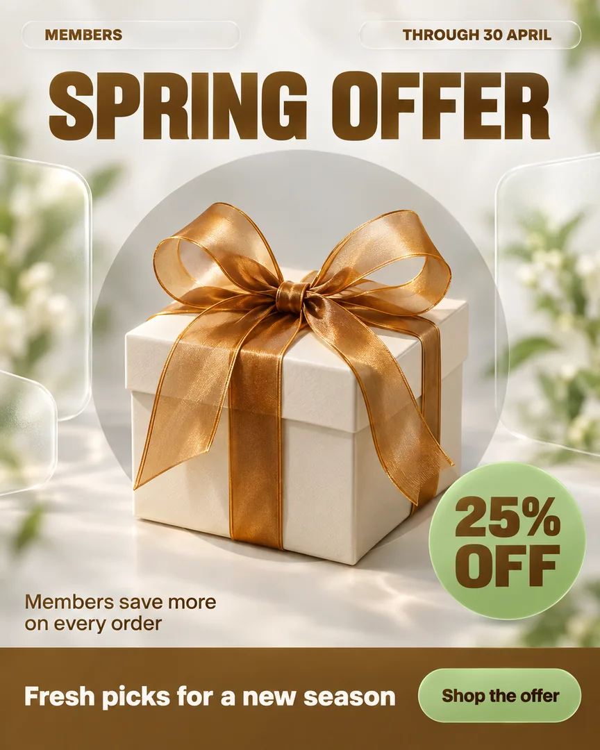 Glassmorphism M3 Seasonal Offer poster showing Gift box with a warm amber ribbon, soft studio light with the headline SPRING OFFER.