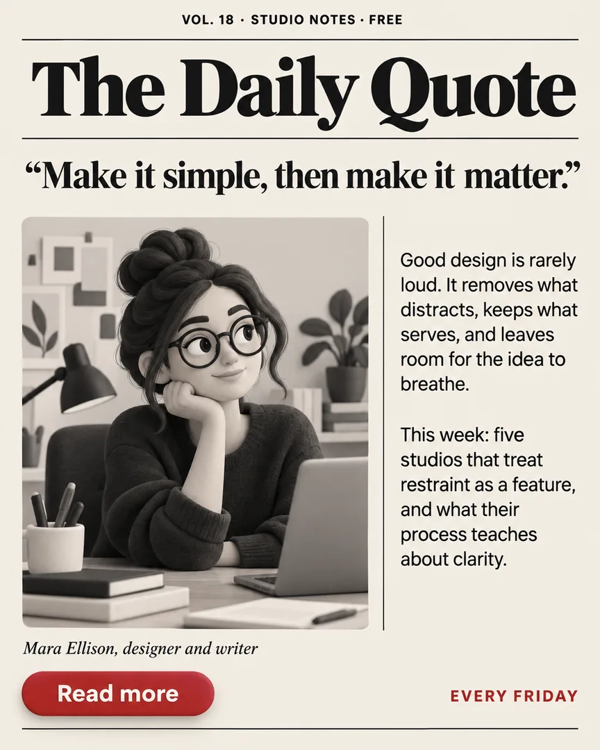 Claymorphism Minimal Quote poster showing Black-and-white portrait of a designer with glasses at her desk with the headline The Daily Quote.