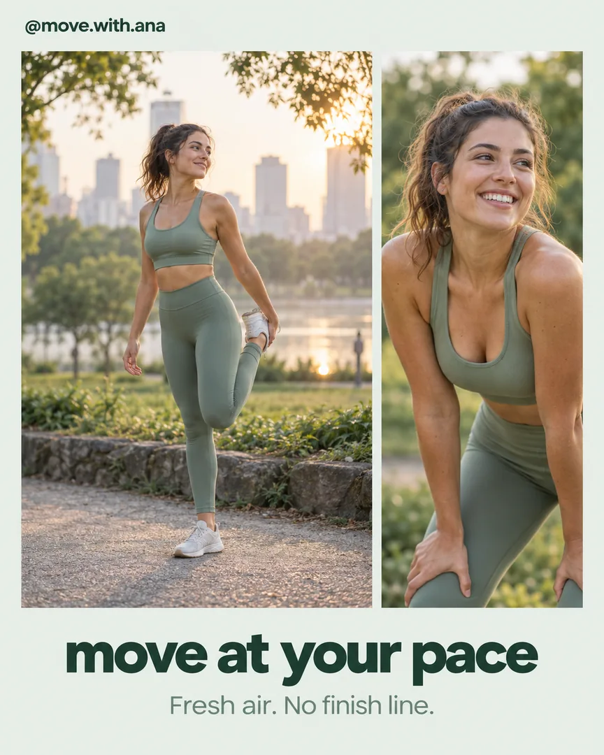 Two candid photos of an athlete stretching in a park with the headline move at your pace.