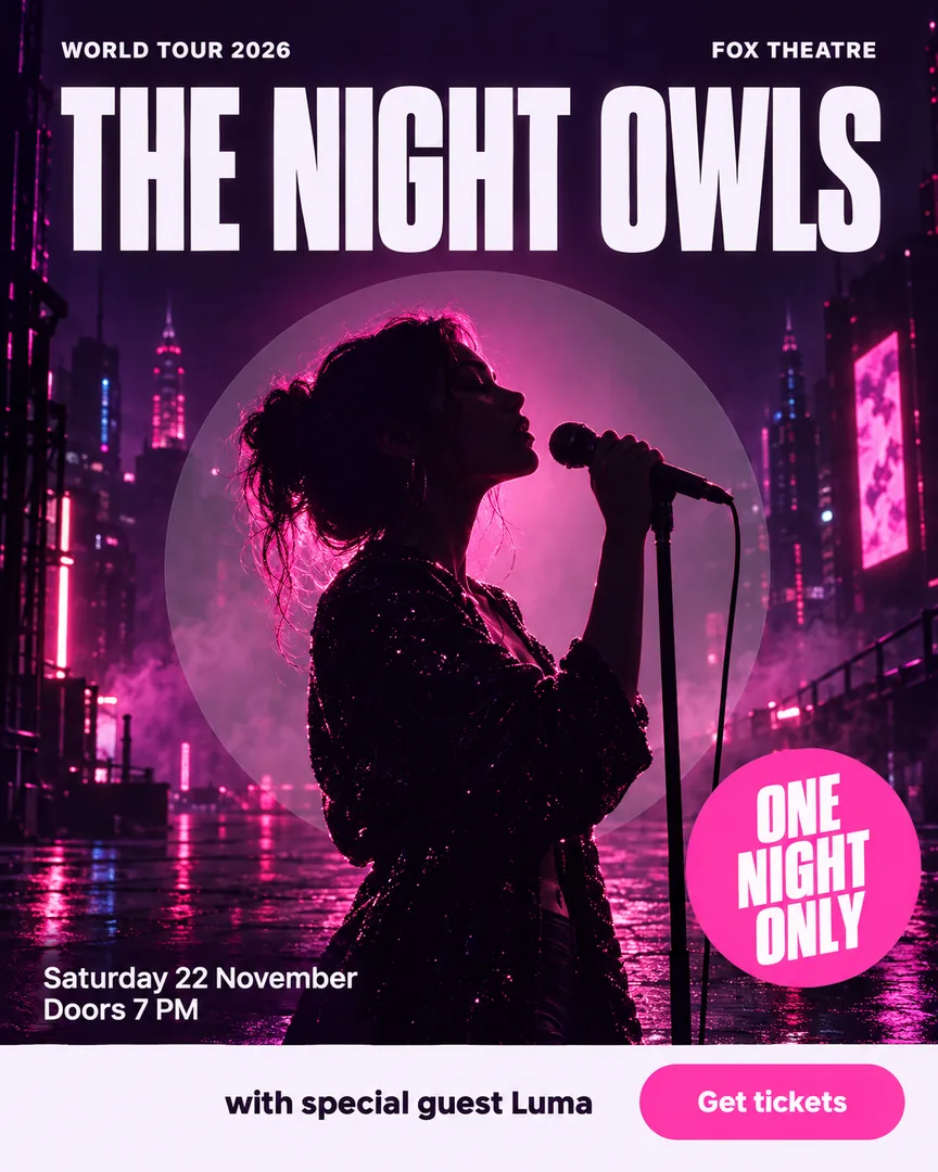 Cyberpunk neon Music Concert Poster poster showing Dramatic side-profile silhouette of a singer under magenta stage light with the headline THE NIGHT OWLS.