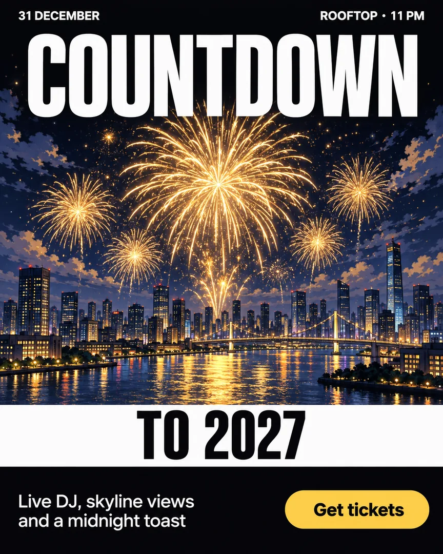 Anime New Year Countdown poster showing Gold fireworks bursting over a night city skyline with the headline COUNTDOWN.