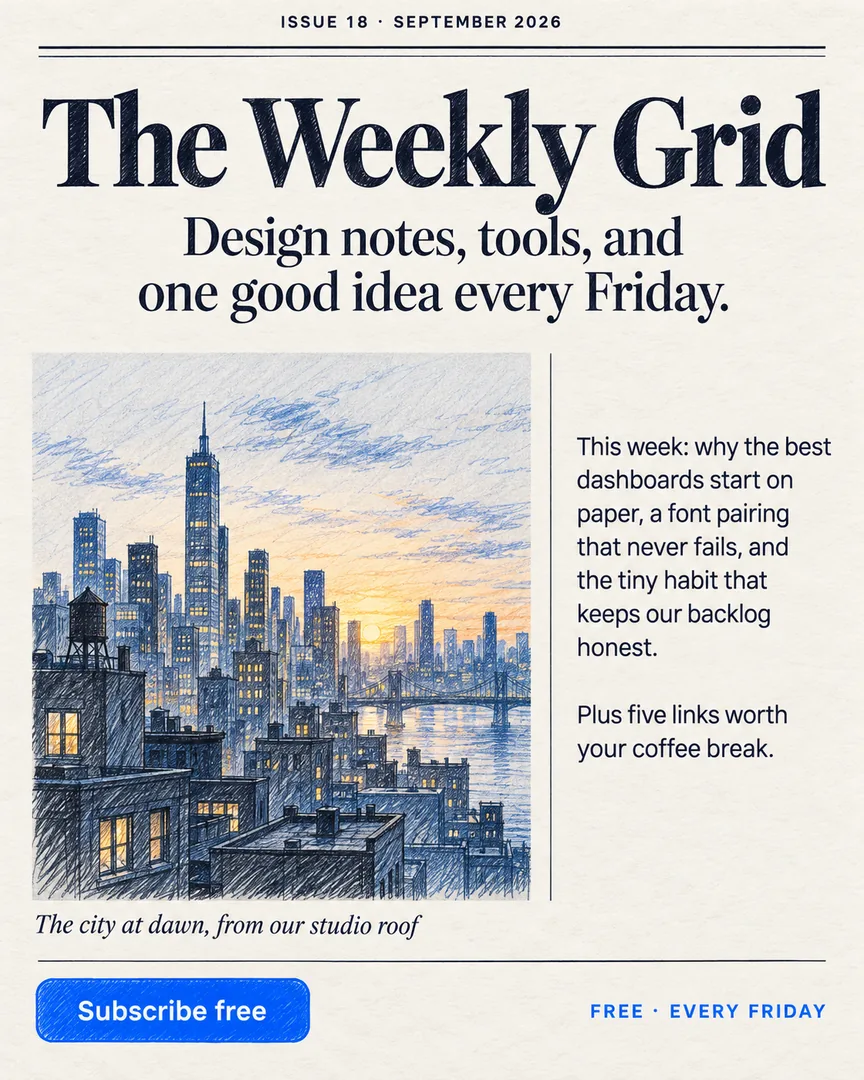 Hand-drawn sketch Newsletter Header poster showing City skyline at dawn with lit windows with the headline The Weekly Grid.