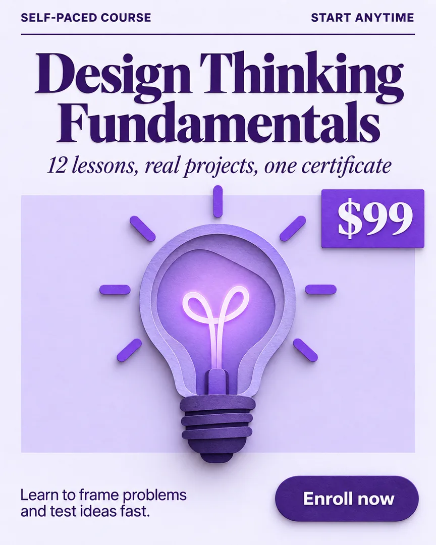Paper cut Online Course Promo poster showing Glowing lightbulb with a violet filament on a soft lavender backdrop with the headline Design Thinking Fundamentals.
