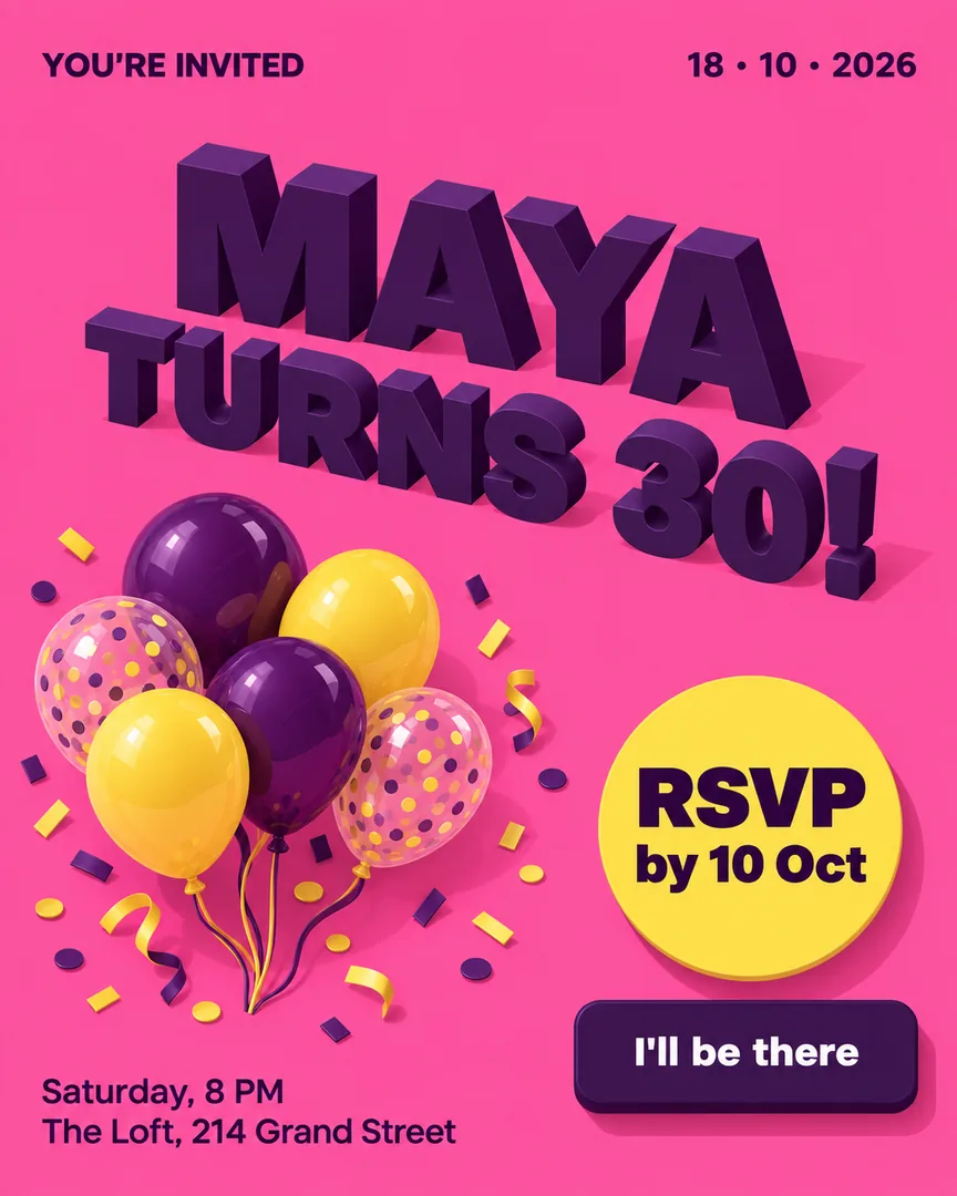 Isometric Party Invitation poster showing Cluster of glossy balloons and confetti on a hot-pink backdrop with the headline MAYA TURNS 30!.
