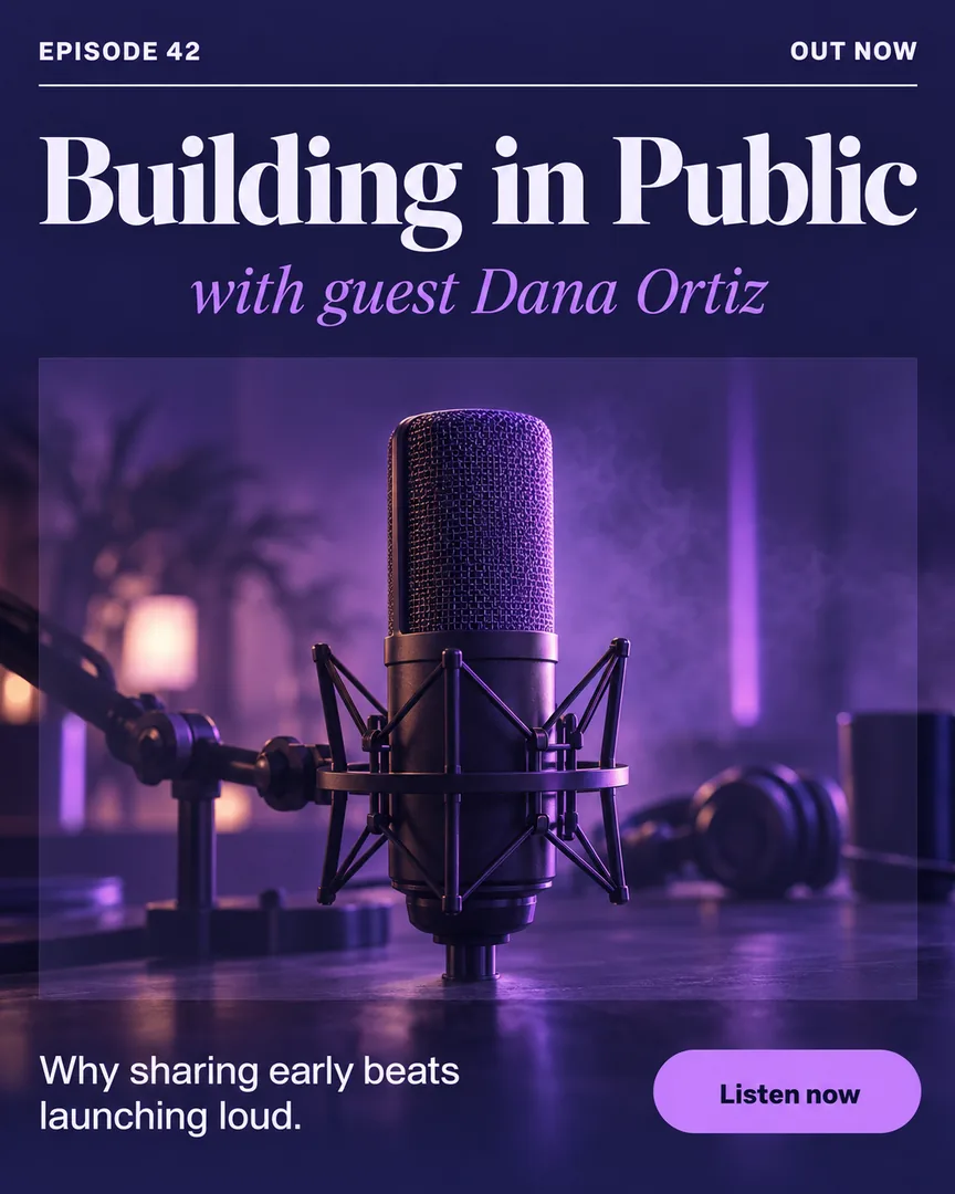 Cinematic Podcast Episode poster showing Studio podcast microphone with purple backlight and soft haze with the headline Building in Public.