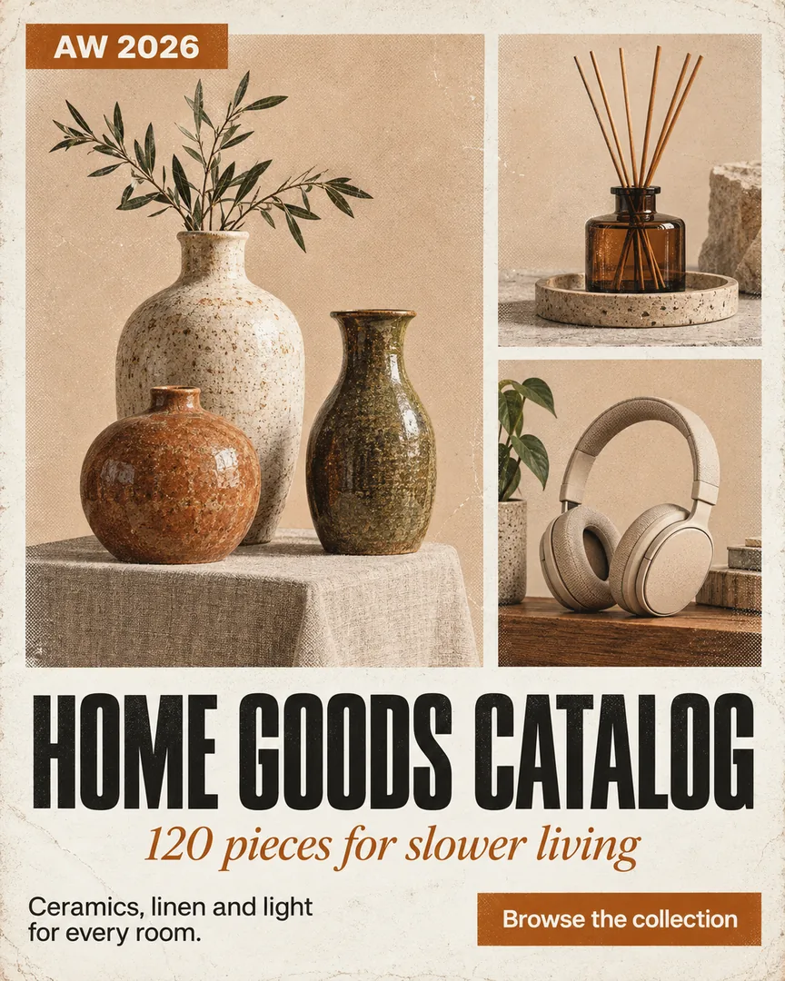 Retro vintage Product Catalog Cover poster showing Ceramic vases in earthy glazes on a linen-covered plinth with the headline HOME GOODS CATALOG.