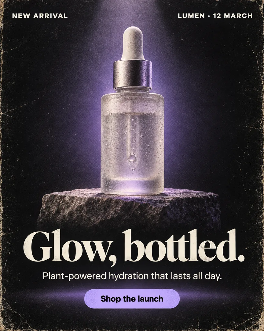 Retro vintage serum bottle poster with the headline Glow, bottled. and a Shop the launch button.