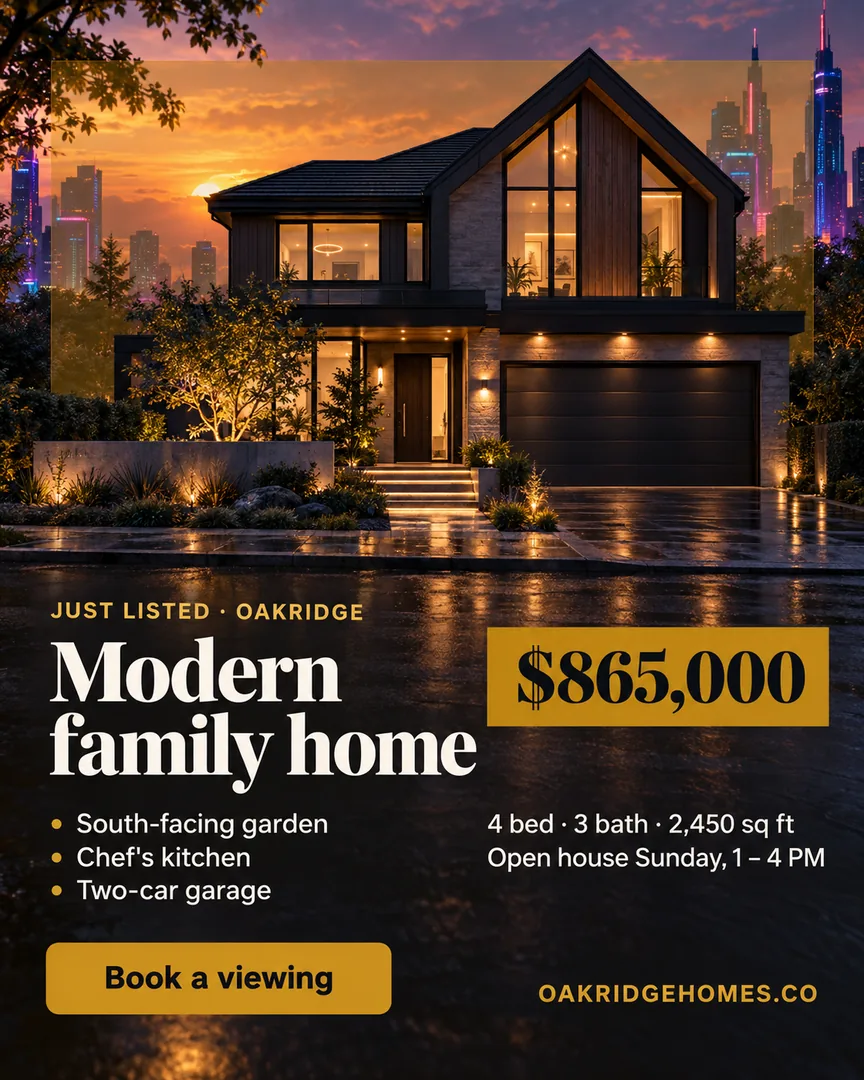 Cyberpunk neon Real Estate Listing poster showing Modern two-storey family home with a gabled roof and front garden at golden hour with the headline Modern family home.