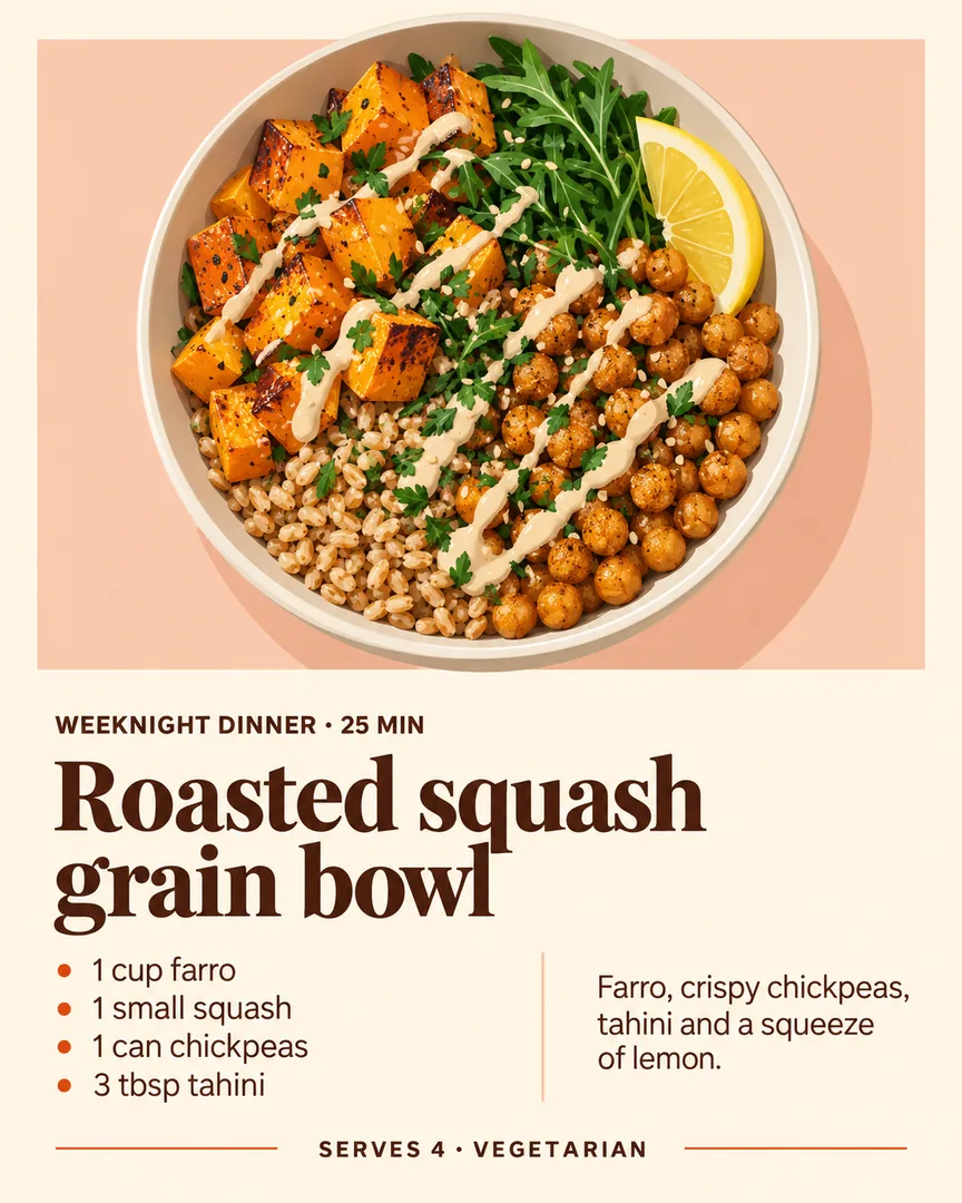 Vector Recipe Card poster showing Overhead shot of a grain bowl with roasted squash, chickpeas, and a tahini drizzle with the headline Roasted squash grain bowl.