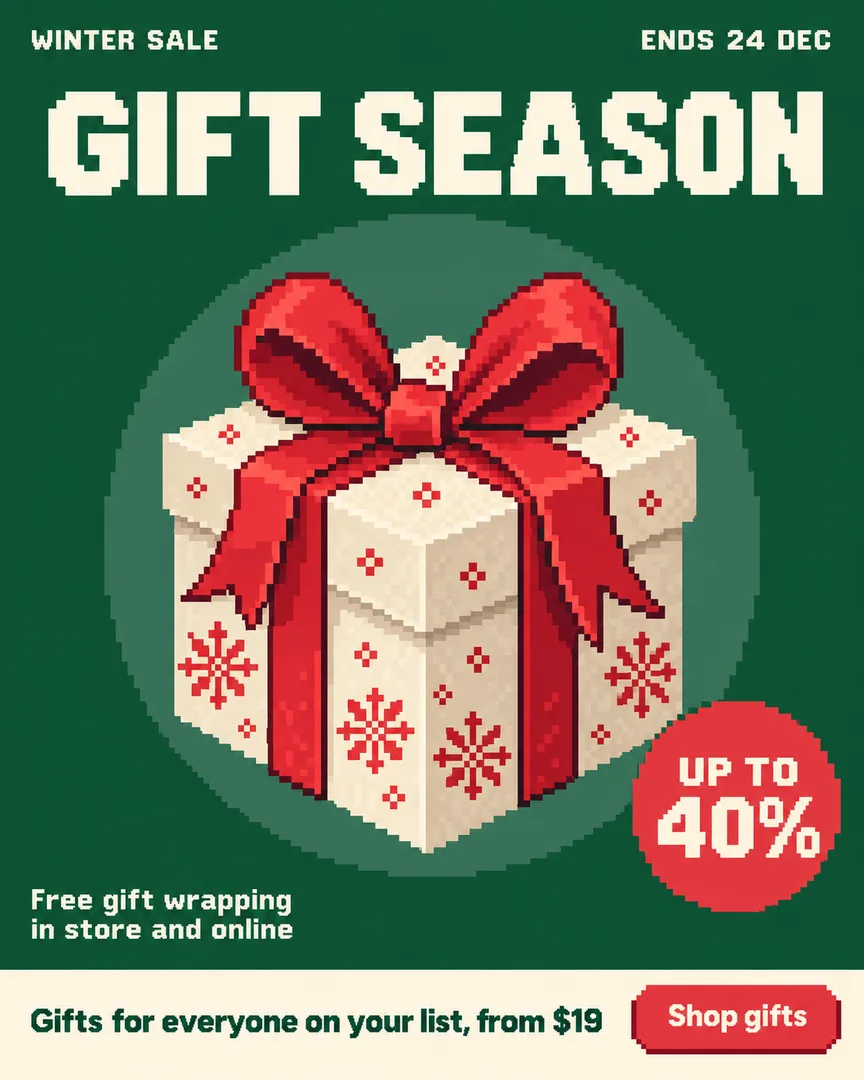 Pixel art Seasonal Sale poster showing Wrapped gift box with a red ribbon bow on a deep green backdrop with the headline GIFT SEASON.
