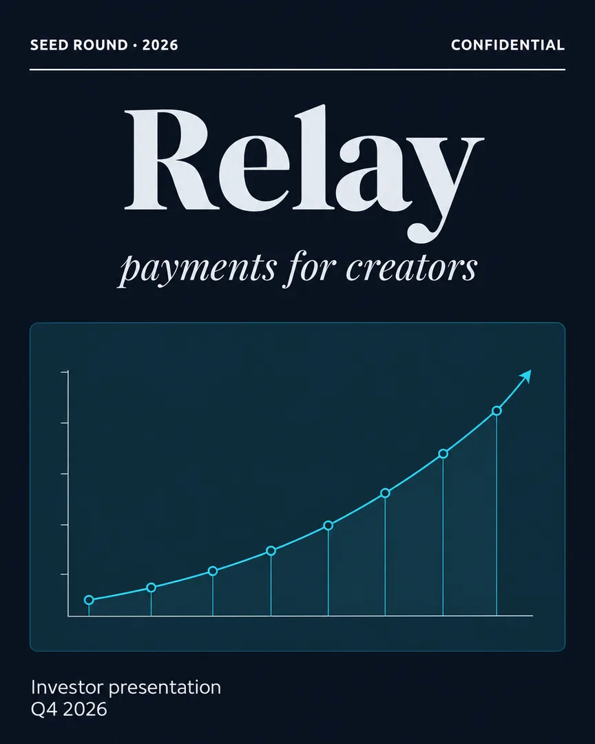 Minimal line art Startup Pitch Cover poster showing Clean upward growth chart on a dark dashboard with the headline Relay.