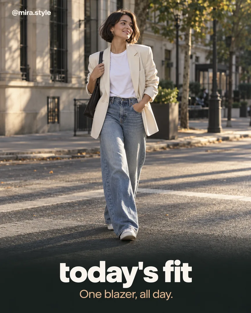 Candid street style Instagram post with a woman in a cream blazer and the headline today's fit.