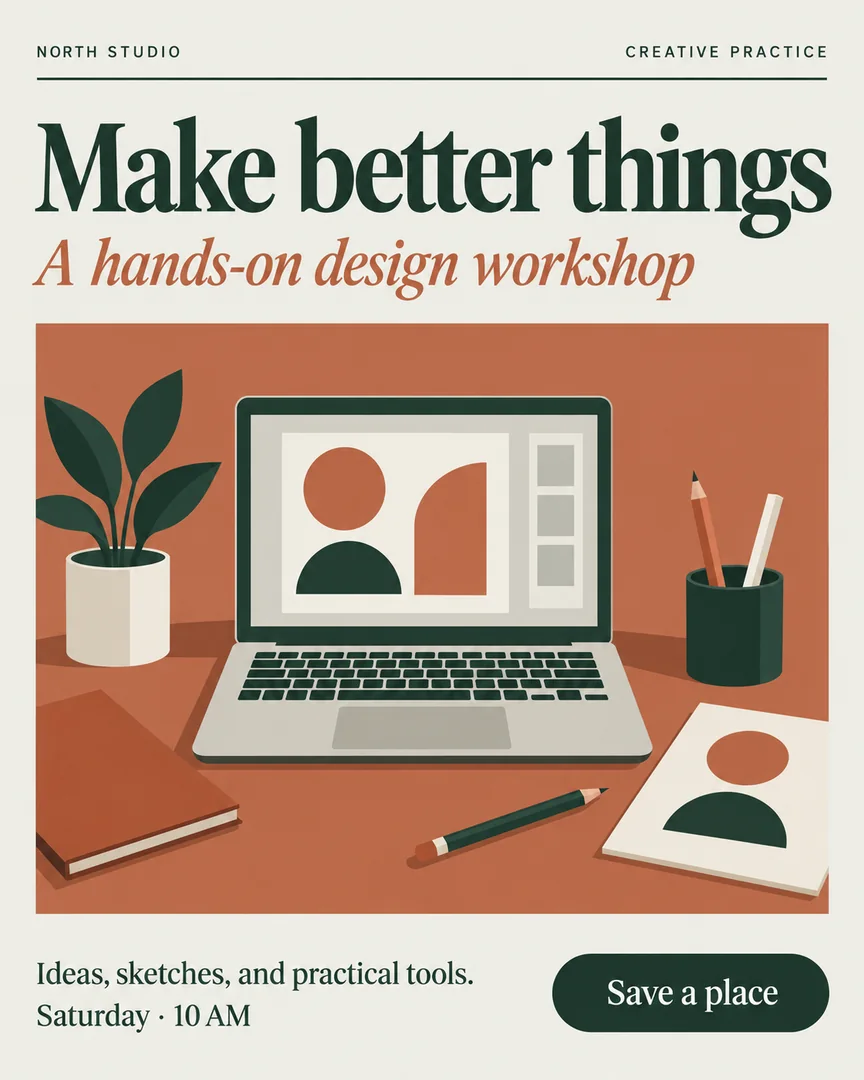 Vector workshop poster with a laptop on a studio desk and the title Make better things.