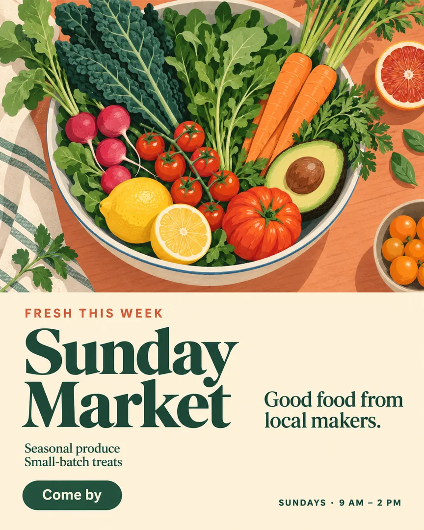 Flat illustration market poster with a bowl of produce and the title Sunday Market.