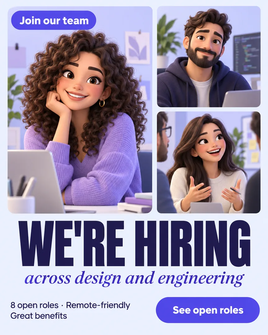 3D render Team Hiring Banner poster showing Designer with curly hair smiling in a bright studio with the headline WE'RE HIRING.